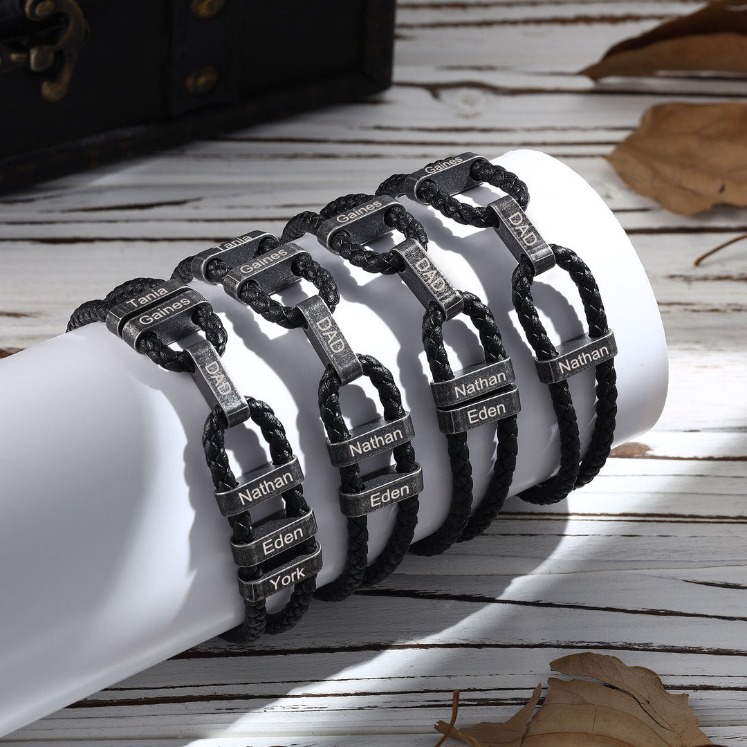Stylish Vintage Black Braided Leather Bracelet with 3 Engravable Plates - Herzschmuck
