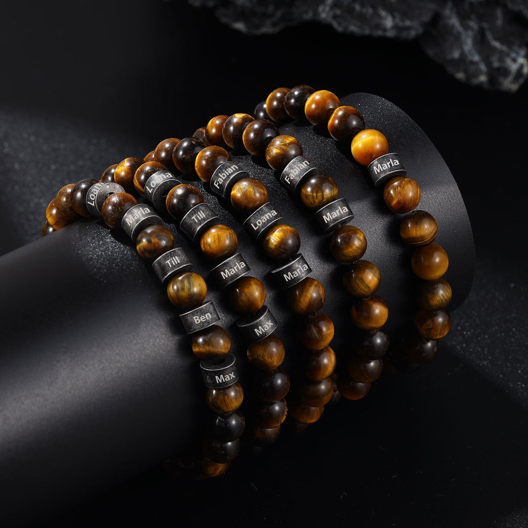 Elegant Beaded Bracelet in Light and Dark Brown with Four Engravings - Herzschmuck
